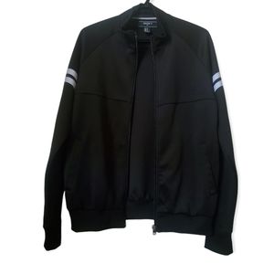 Mens Medium Forever 21 Solid Black And White Vintage Jersey Zip Up Jacket